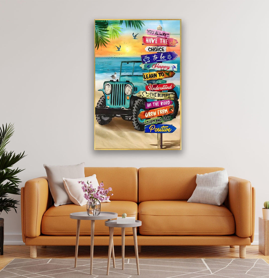 Tropical Beach & Jeep Glass Wall Art glass photo prints, glass picture prints
