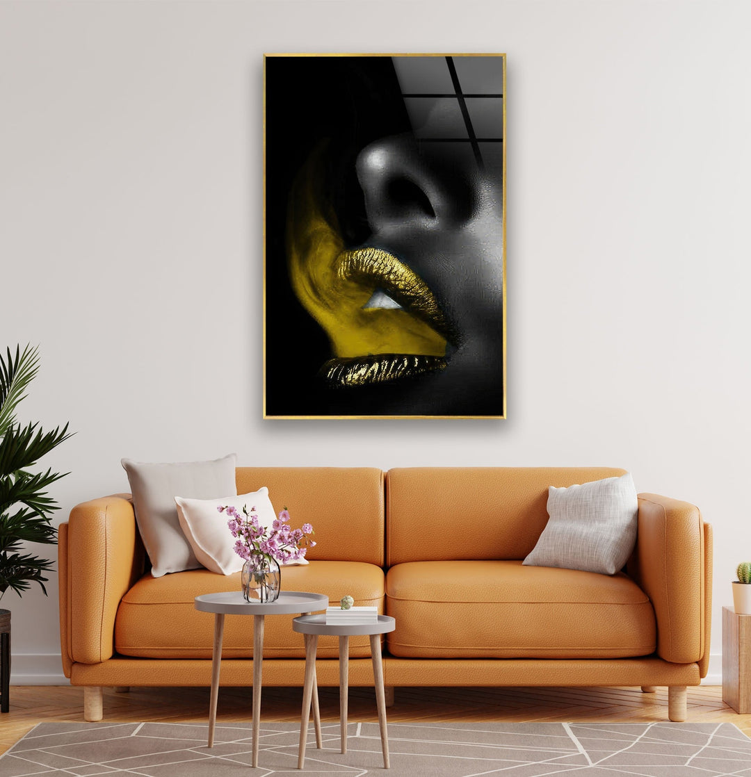 Black Woman and Yellow Lips Glass Wall Art glass image printing, glass prints from photos
