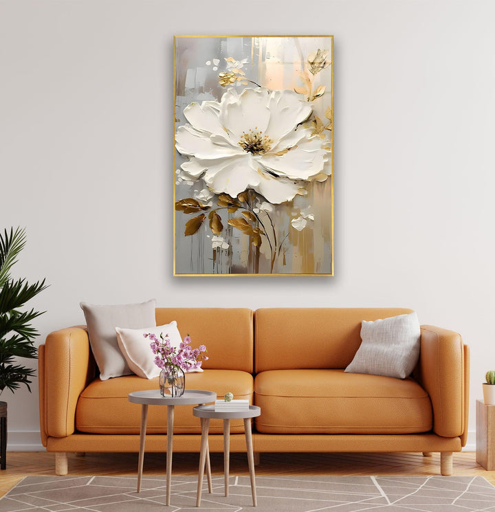 White and Brown Oil Art Flower Glass Wall Art print on glass, glass printed photos
