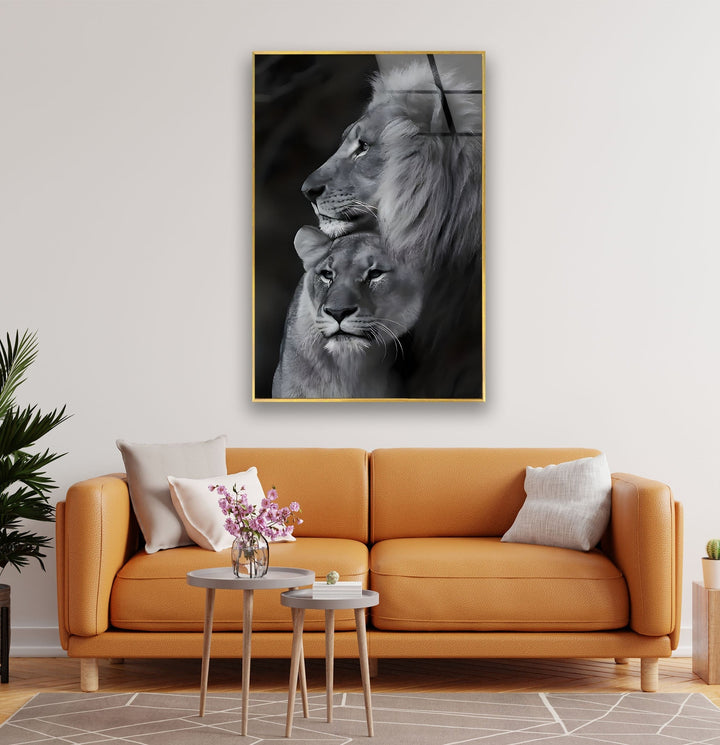 Black & White Lion Family Glass Wall Art Glass Printing Wall Art, Print photos on glass
