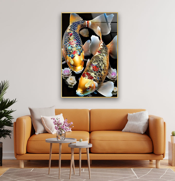 Golden Koi Fishes & Flower Glass Wall Art Glass Printing Wall Art, Print photos on glass
