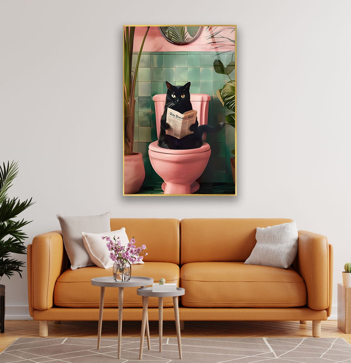 Cat Reading on Toilet Glass Wall Art