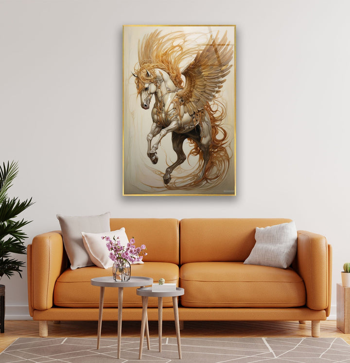 Brown Winged Horse Glass Wall Art custom glass pictures, glass art prints
