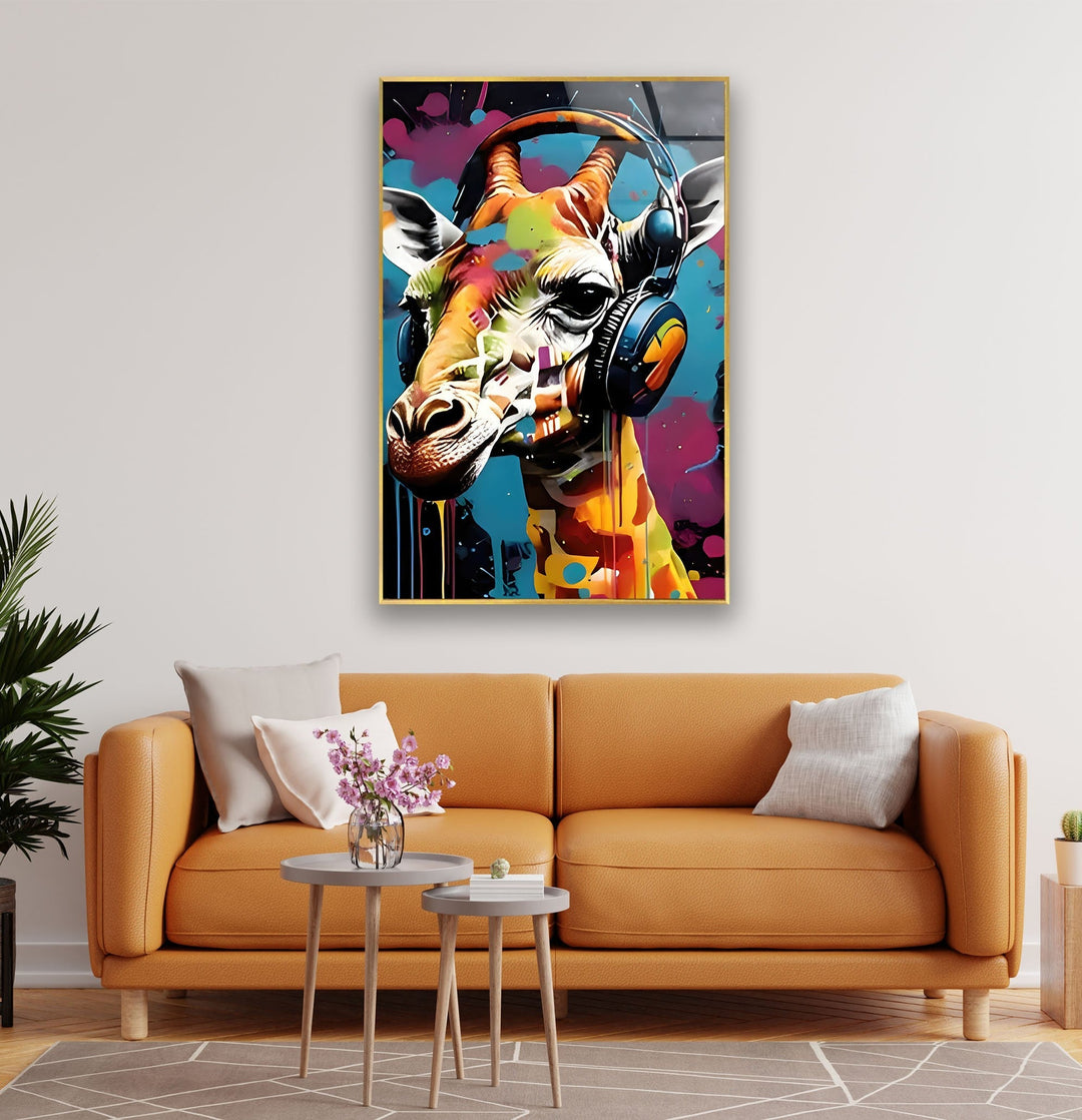 Giraffe with Headphones Glass Wall Art large glass photo prints, glass wall photos
