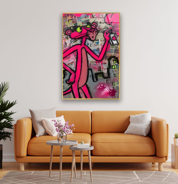 Pink Panther Graffiti Glass Wall Art glass art painting, glass art for the Wall
