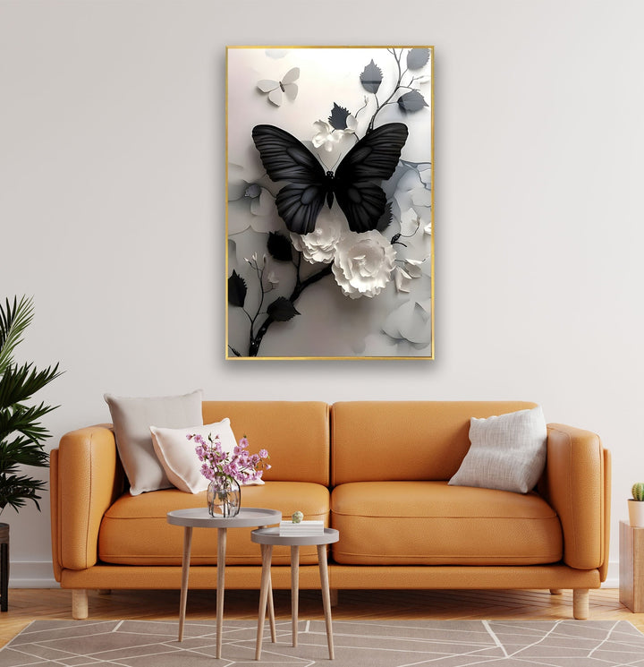 Black Butterfly & Flowers Glass Wall Art Glass Printing Wall Art, Print photos on glass
