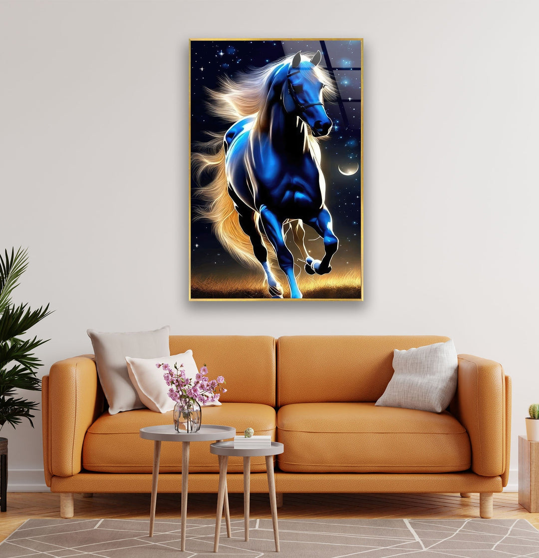 Blue Night Running Horse Glass Wall Art custom glass photo prints, large glass prints
