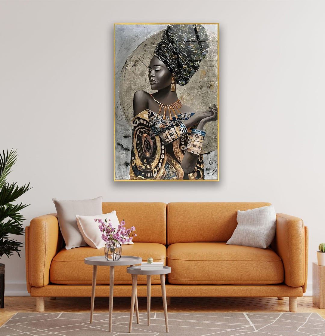 African Woman in a Dress Glass Wall Art photo print on glass, prints on glass wall art
