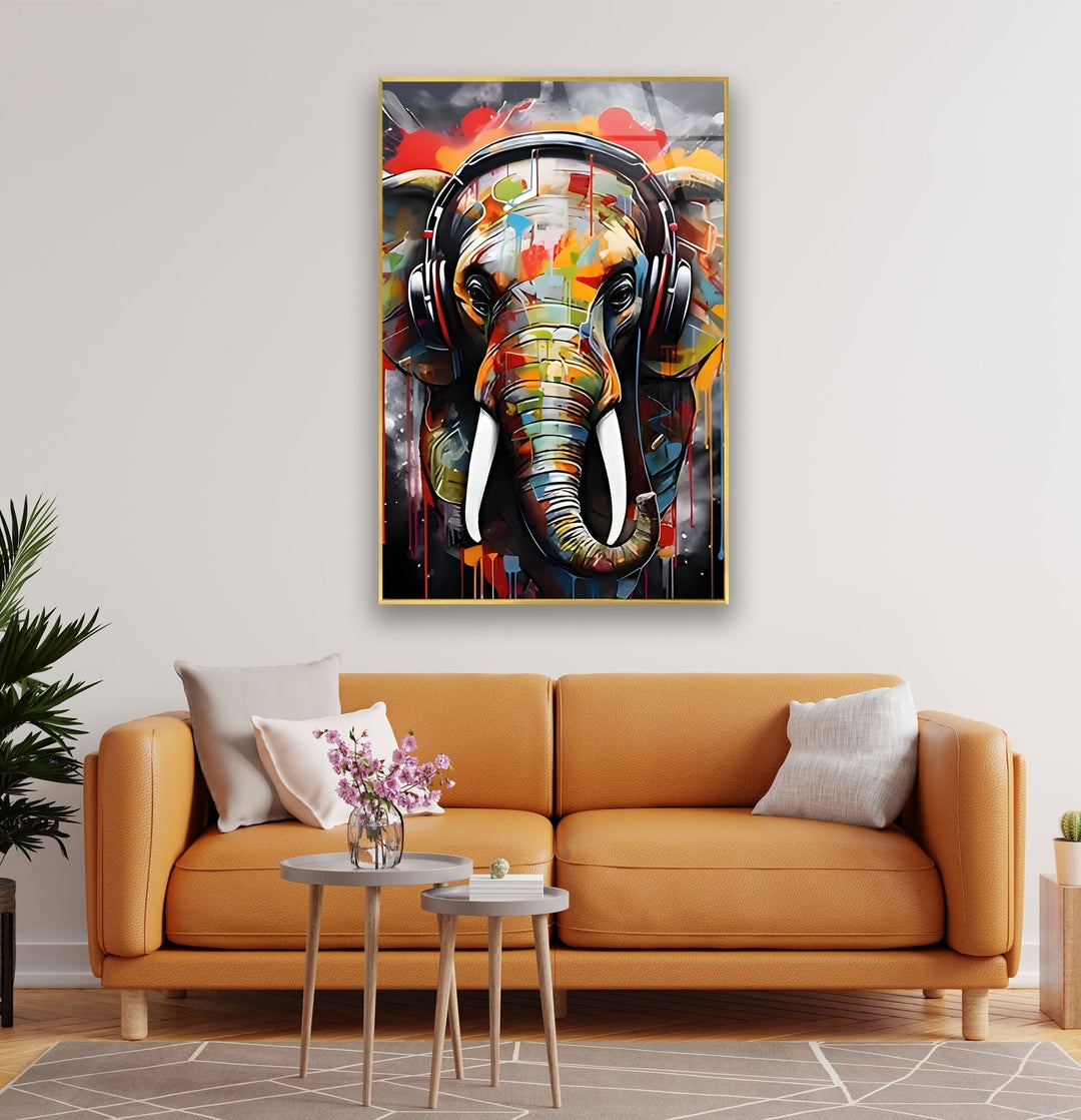 Elephant with Headphones Glass Wall Art custom glass pictures, glass art prints
