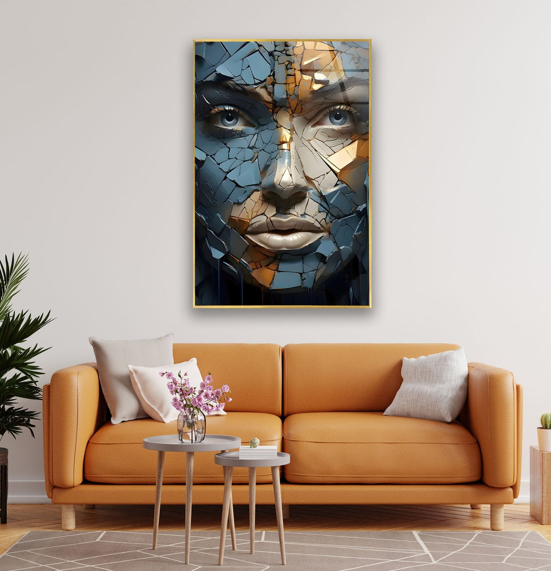 Blue Cracked Design Woman Glass Wall Art picture on glass wall art, photos printed on glass
