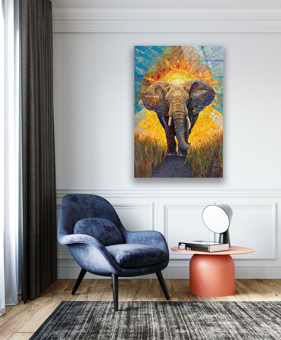 Mosaic Elephant Glass Wall Art photo print on glass, prints on glass wall art
