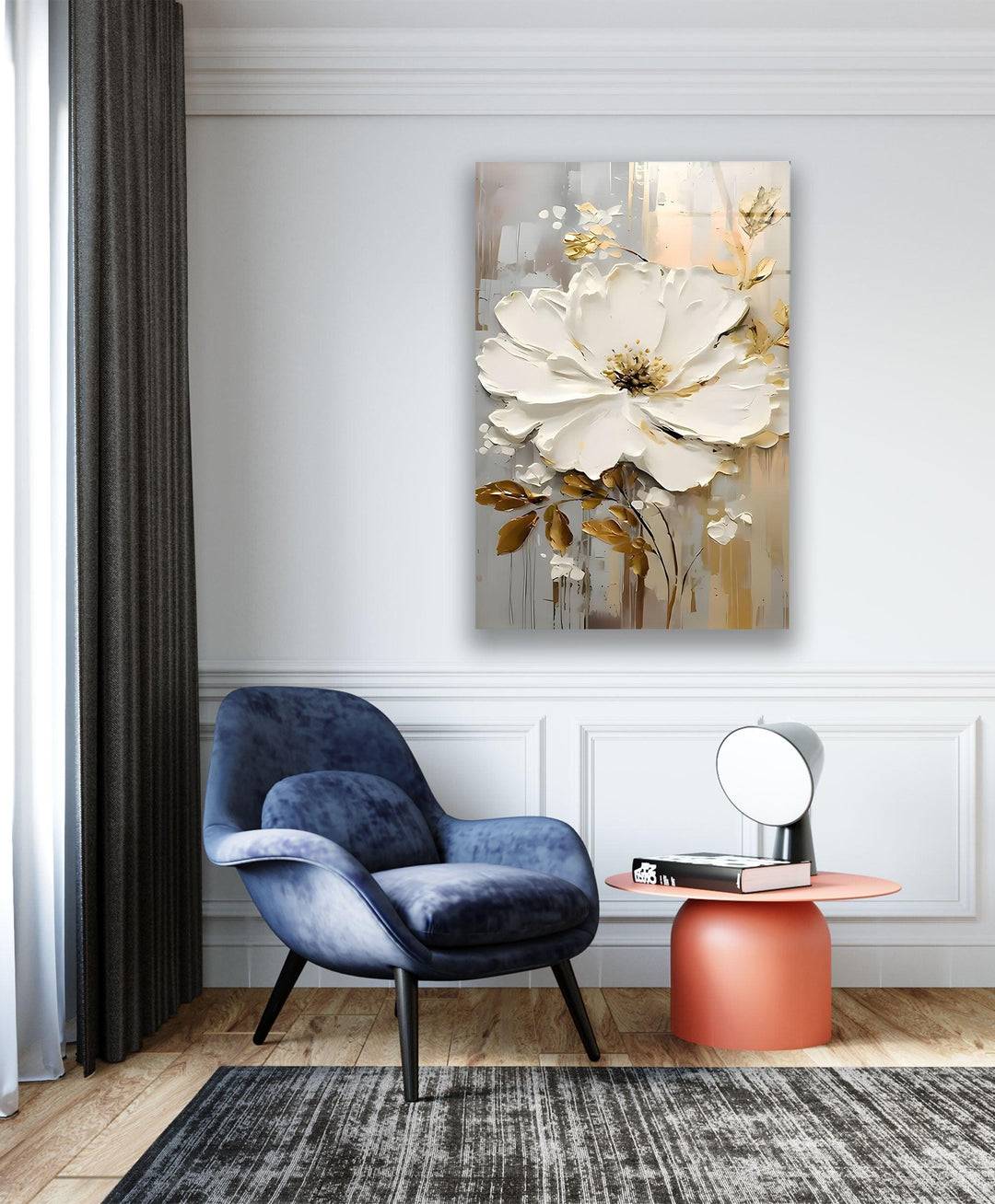 White and Brown Oil Art Flower Glass Wall Art picture on glass wall art, photos printed on glass
