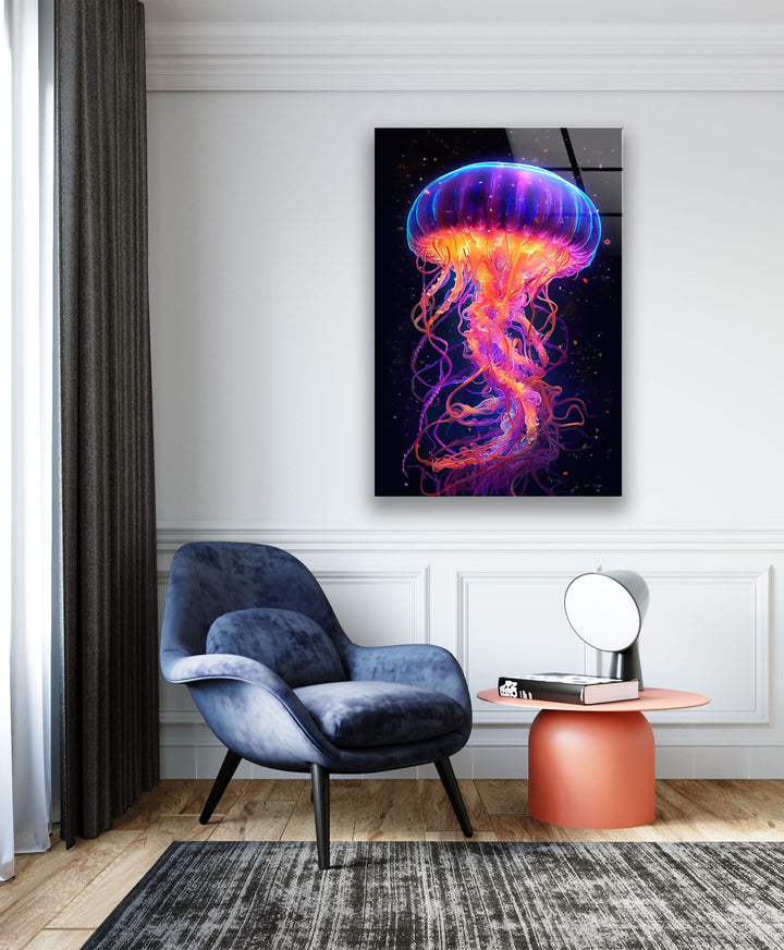 Jelly Fish Color Neon Glass Wall Art glass art painting, glass art for the Wall
