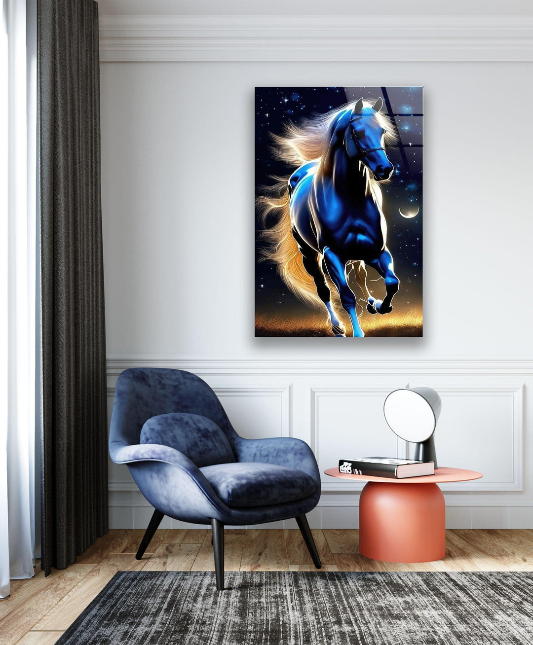 Blue Night Running Horse Glass Wall Art large glass photo prints, glass wall photos
