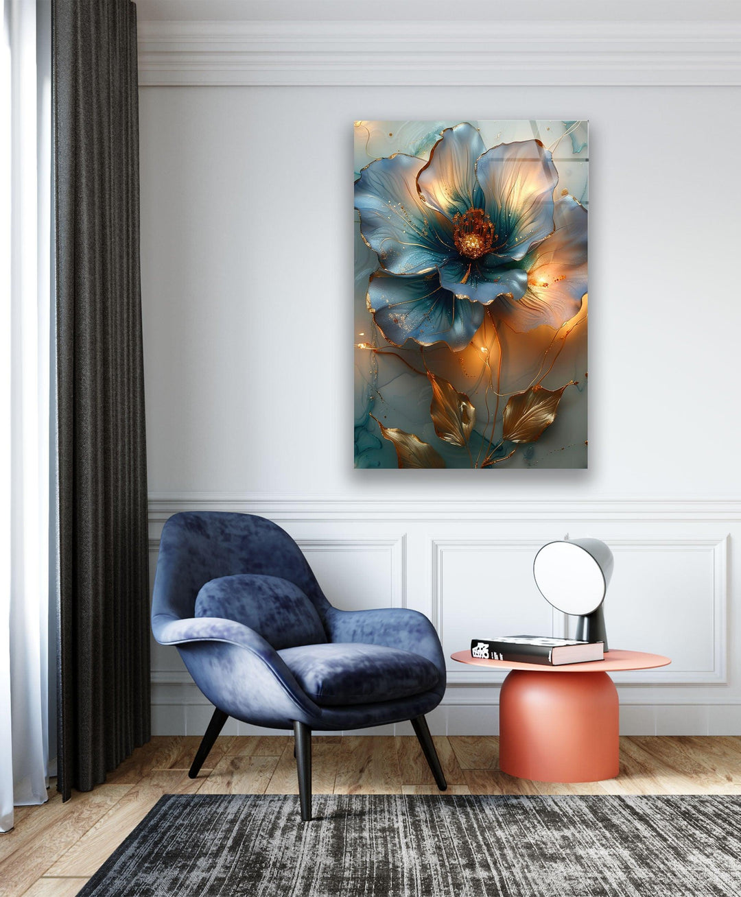 Blue & Orange Vivid Flower Glass Wall Art glass photo prints, glass picture prints
