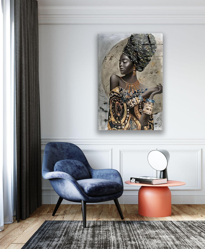 African Woman in a Dress Glass Wall Art custom glass photo prints, large glass prints
