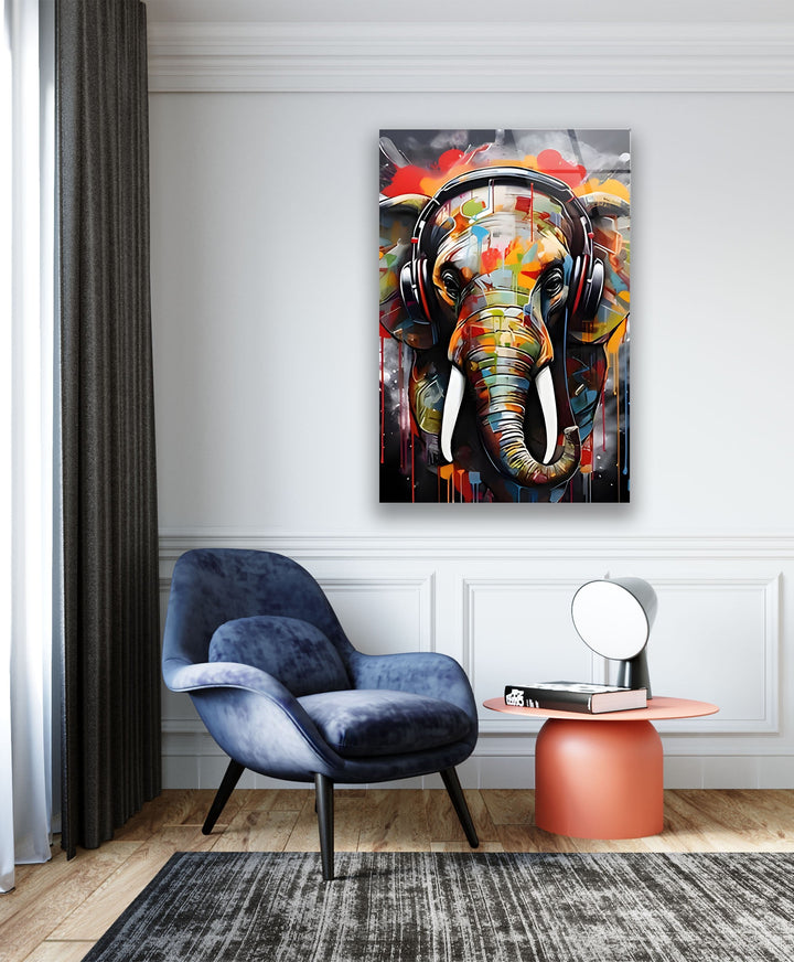 Elephant with Headphones Glass Wall Art glass pictures for Wall, glass prints wall art
