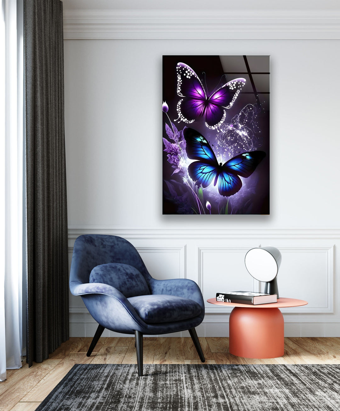 Blue & Purple Butterfly Glass Wall Art picture on glass wall art, photos printed on glass
