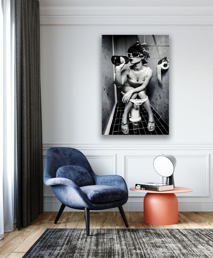 Drunk Woman in Toilet Glass Wall Art picture on glass wall art, photos printed on glass
