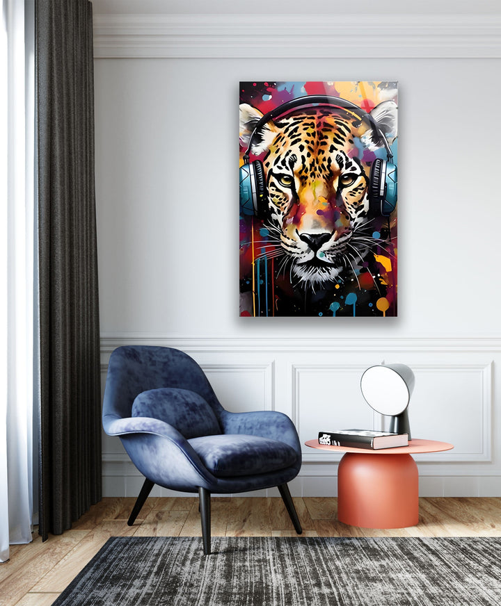 Leopar with Headphones Glass Wall Art glass art painting, glass art for the Wall
