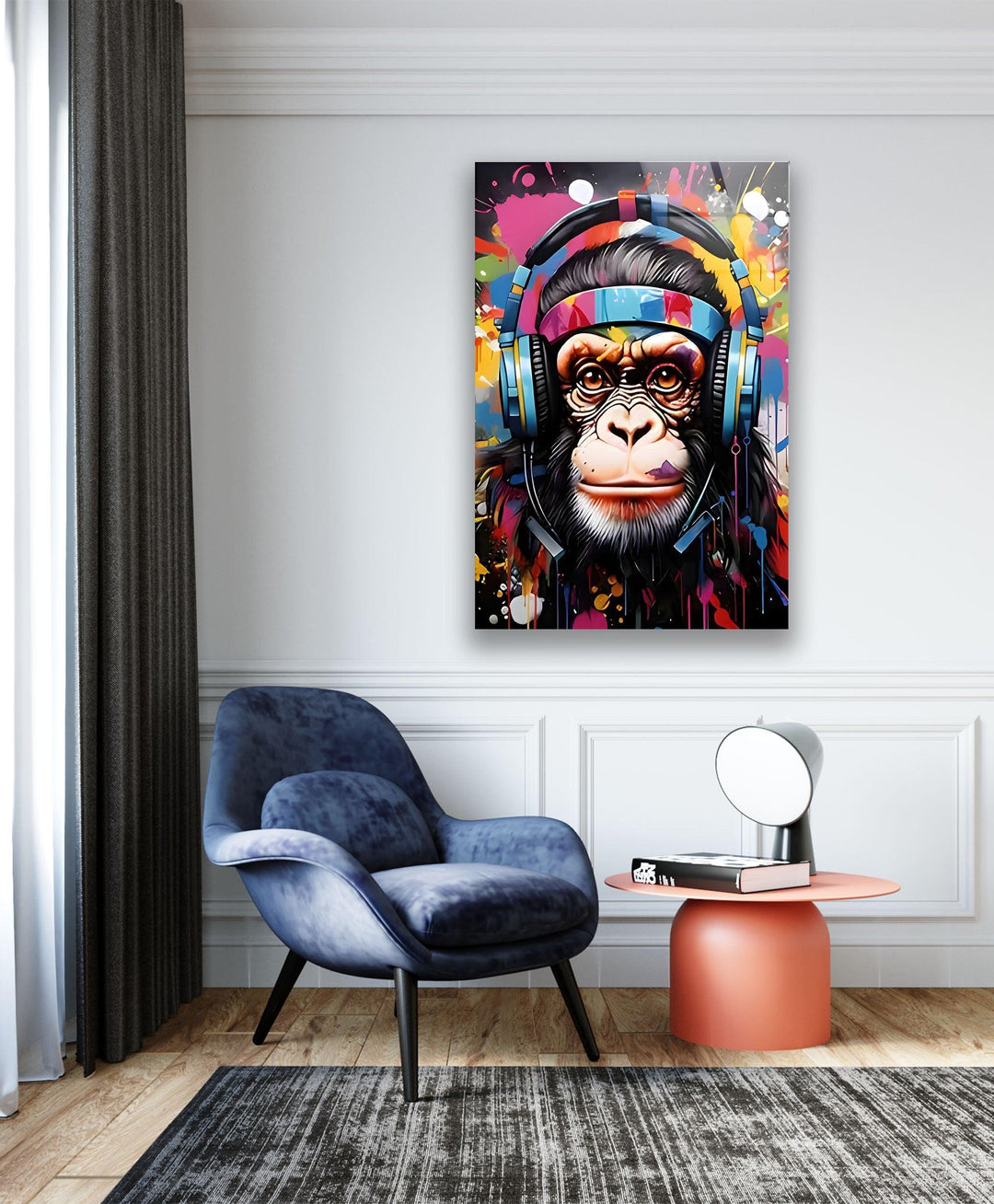 Monkey with Headphones Glass Wall Art large glass photo prints, glass wall photos
