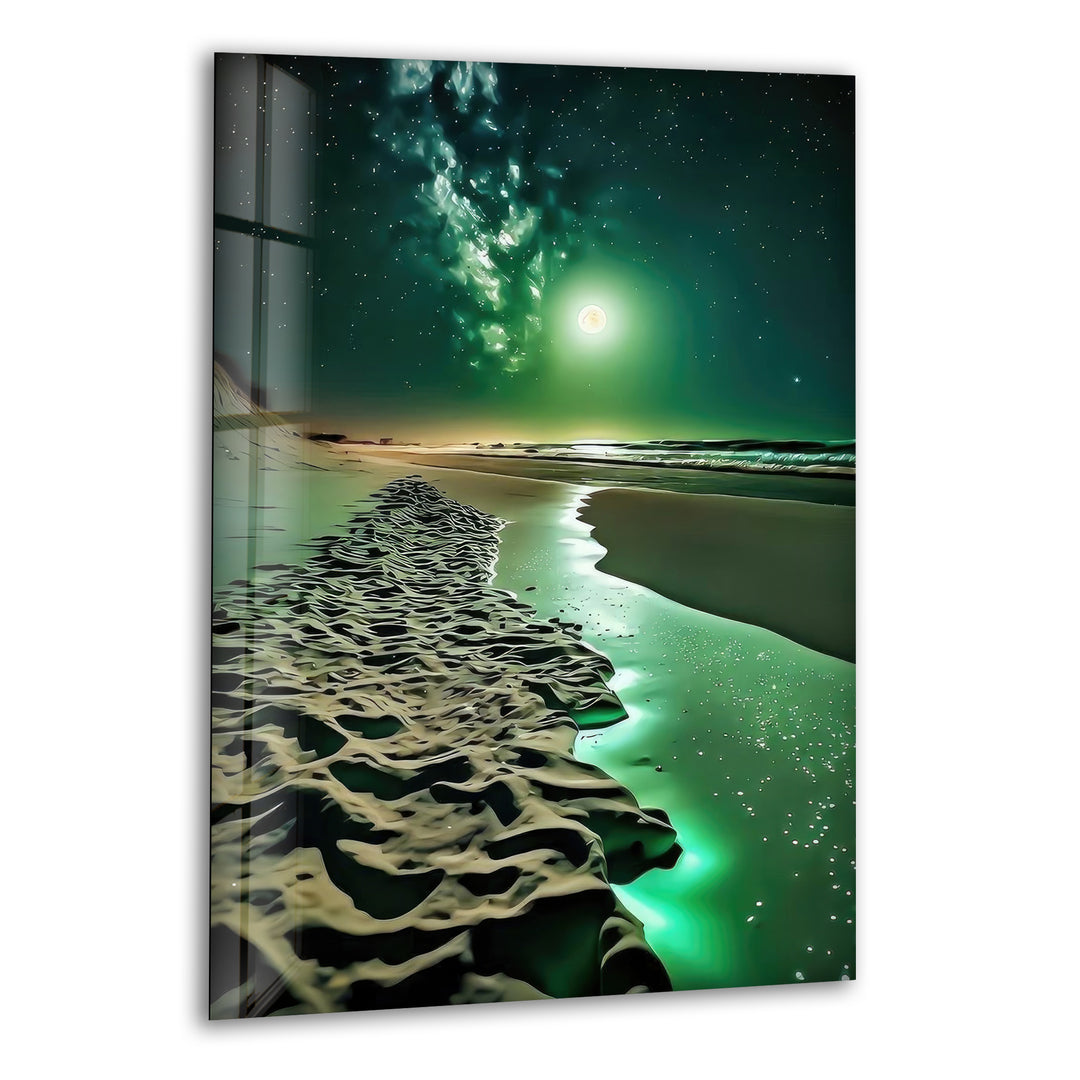 Sea Night Green Moon Glass Wall Art custom glass photo prints, large glass prints