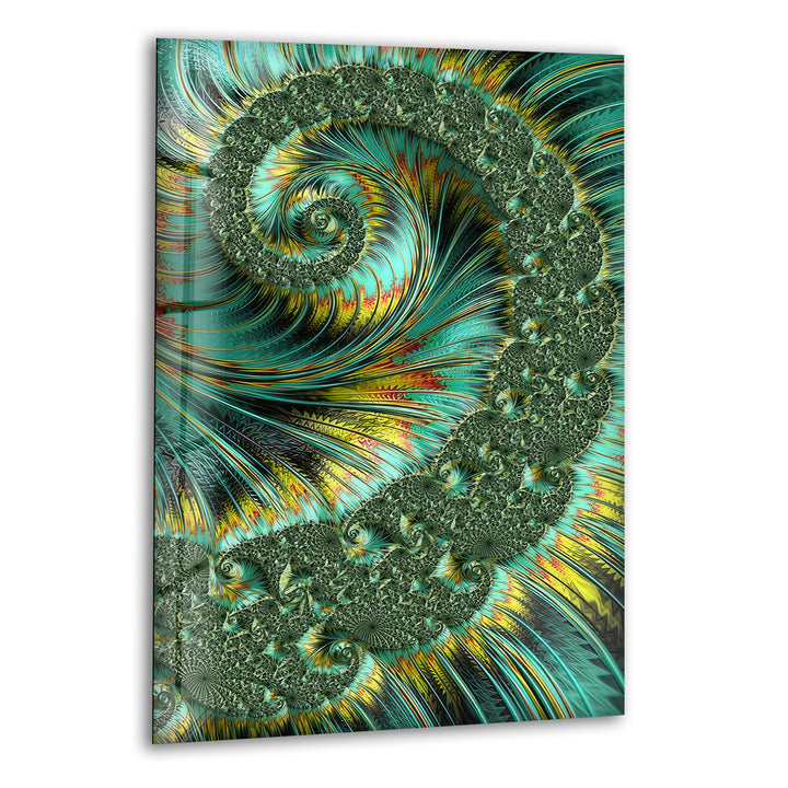 Jade and Yellow Fractal Spiral Glass Wall Art