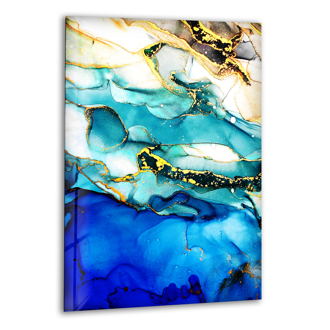 Blue and Gold Alcohol Ink Abstract Glass Wall Art print picture on glass, Tempered Glass Wall Art
