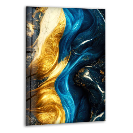 Abstract Marble Blue and Gold Glass Wall Art