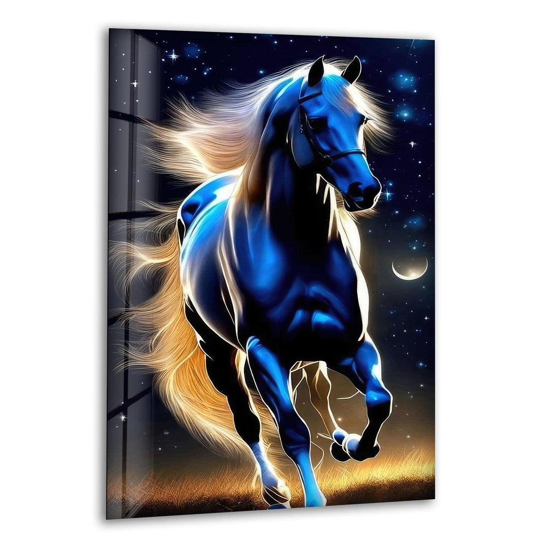 Blue Night Running Horse Glass Wall Art glass image printing, glass prints from photos
