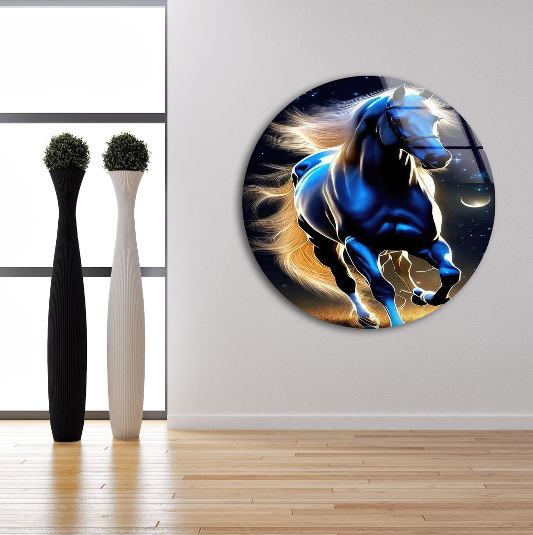 Blue Night Running Horse Glass Wall Art photo print on glass, prints on glass wall art
