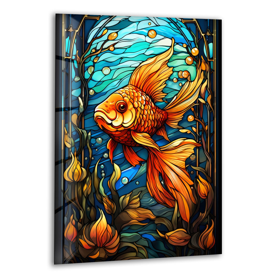 Colored Golden Fish Glass Wall Art picture on glass wall art, photos printed on glass