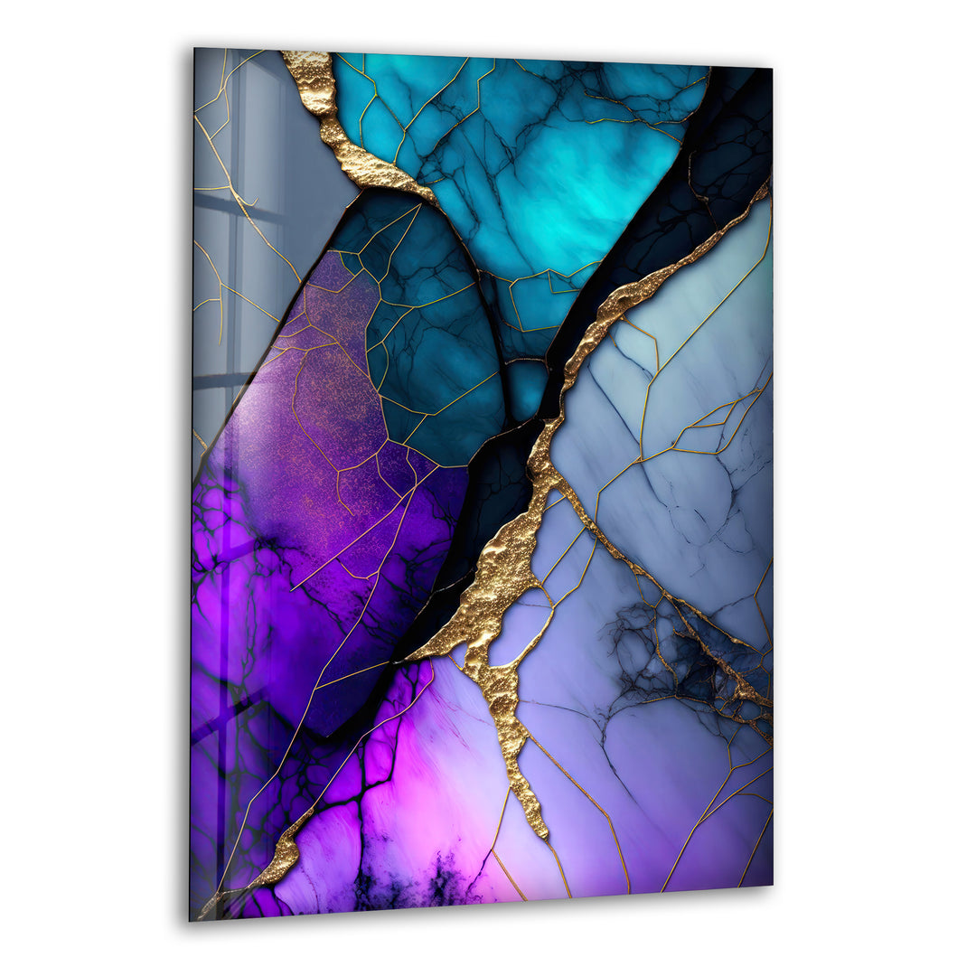 Gold Flakes Geometric Purple Teal Marble Stunning Abstract Glass Art Paintings