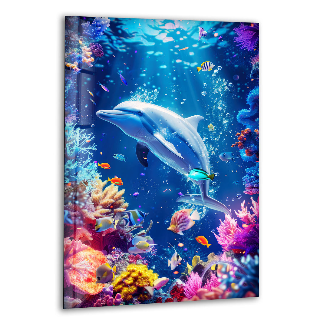 Dolphin in Tropic Ocean Glass Wall Art glass image printing, glass prints from photos