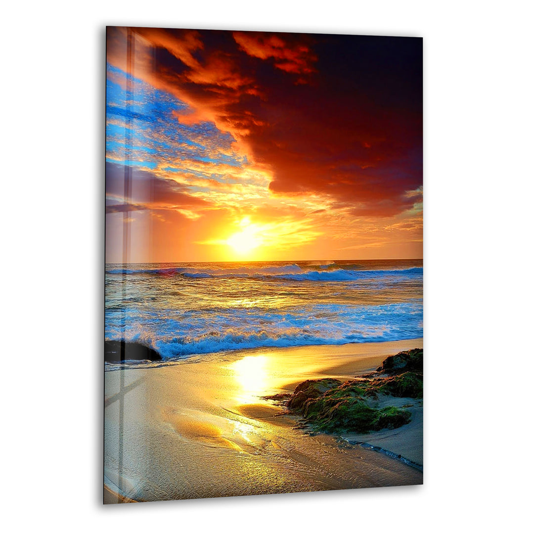 Red Cloud Sunset Ocean Glass Wall Art glass pictures for Wall, glass prints wall art