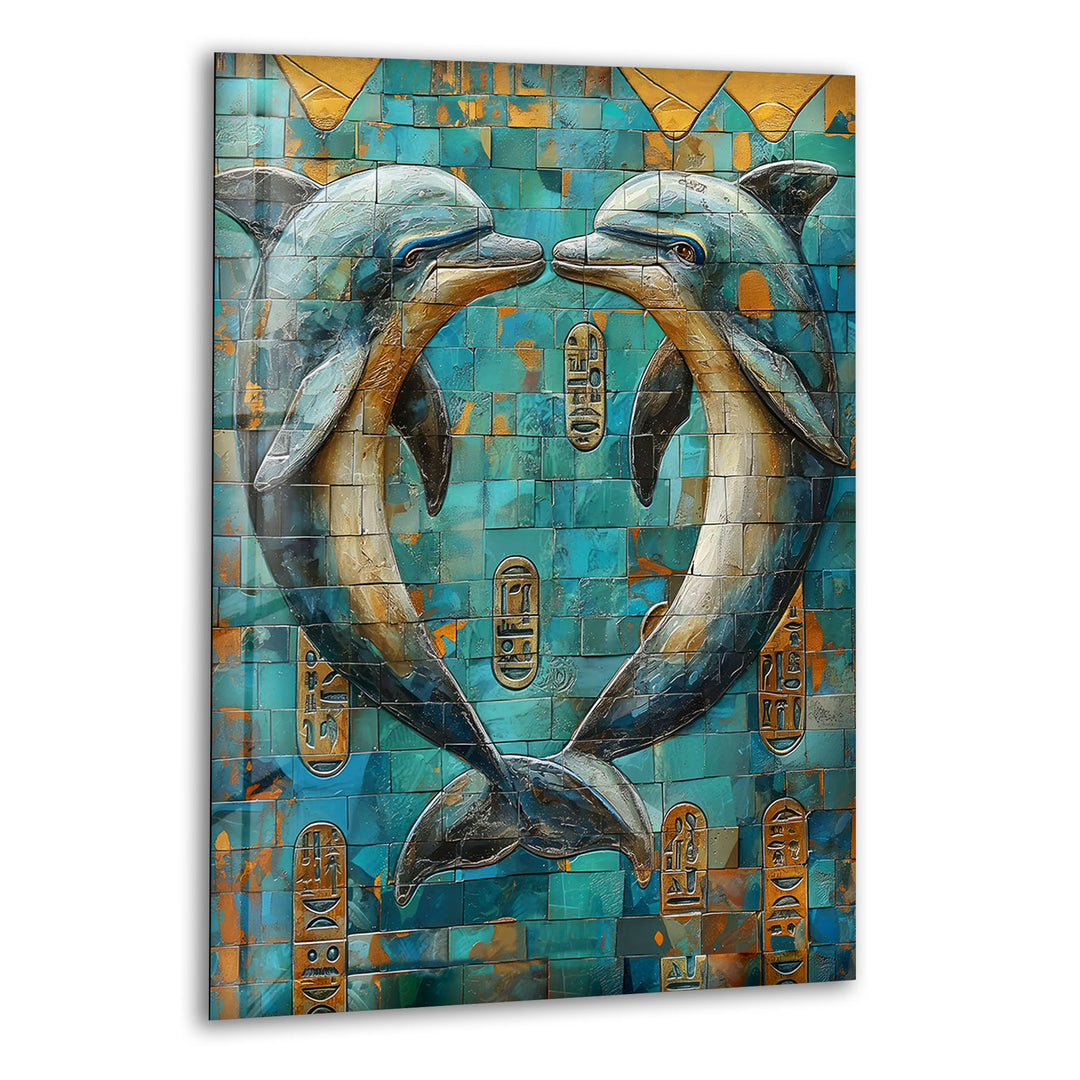 Mosaic Dolphins Glass Wall Art picture on glass wall art, photos printed on glass