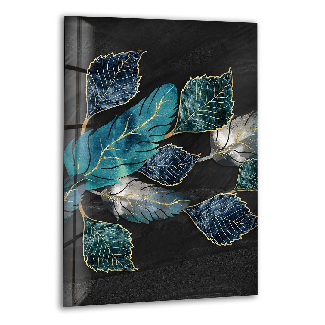 Blue-Turquoise And Golden Lines Leaves Glass Wall Art, print picture on glass, Tempered Glass Wall Art