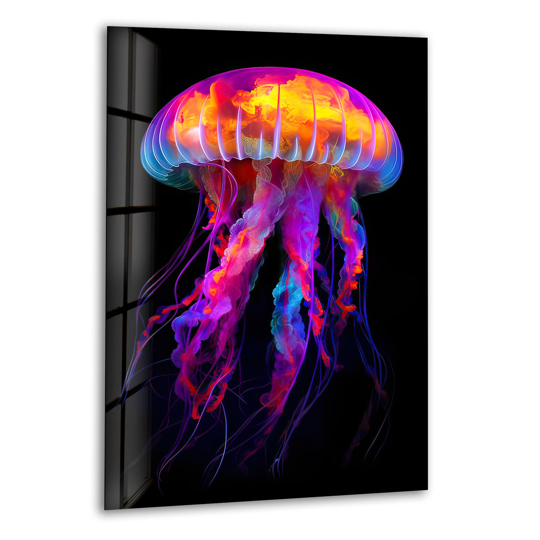 Neon Jellyfish Glass Wall Art photo print on glass, prints on glass wall art