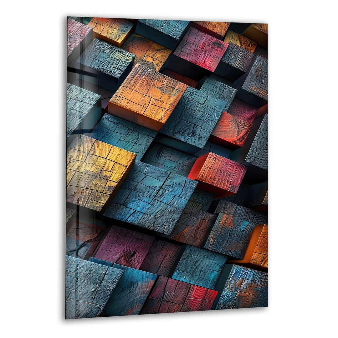 Colored Wood Cubes Glass Wall Art print picture on glass, Tempered Glass Wall Art
