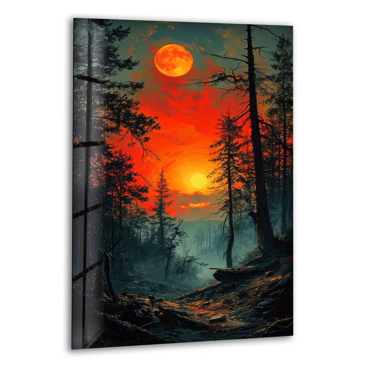 Blood Moon In The Forest Glass Wall Art print picture on glass, Tempered Glass Wall Art