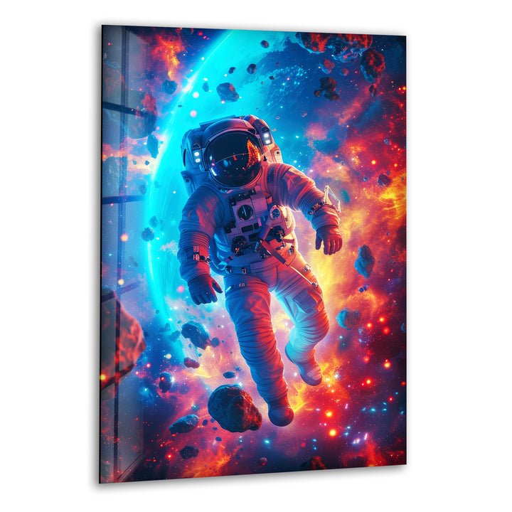 Astronaut in Colored Space Glass Wall Art picture on glass wall art, photos printed on glass
