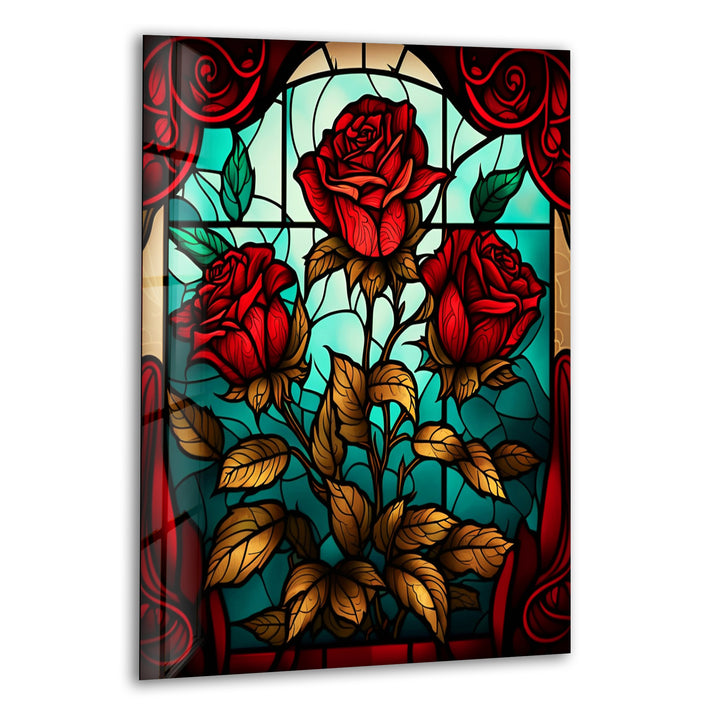 Stained Red Rose Flower Glass Wall Art print on glass, glass printed photos