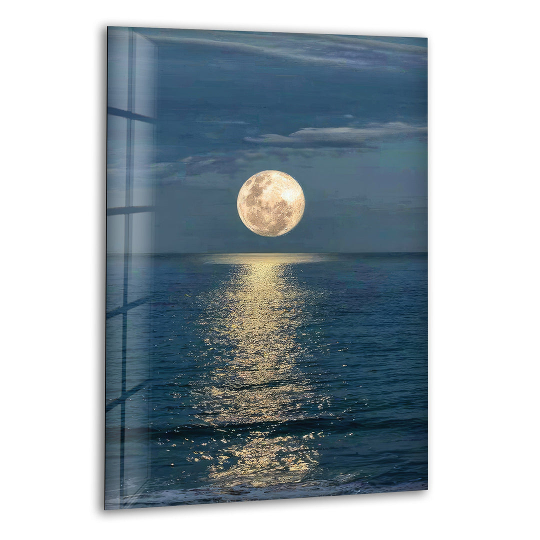 Moon and Sea Night Sunset Glass Wall Art print picture on glass, Tempered Glass Wall Art
