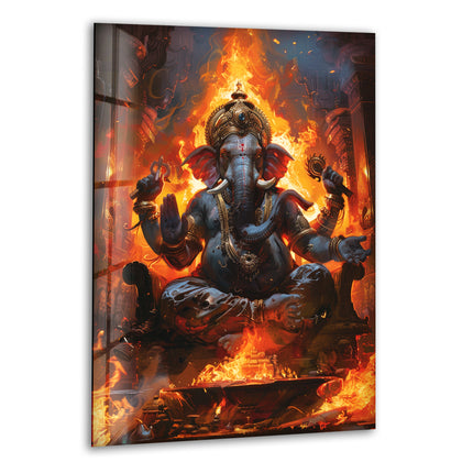 Ganesha with Fire Photo on Glass Home Decor