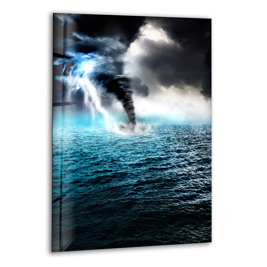 Lightning Storm On Sea Glass Wall Art print picture on glass, Tempered Glass Wall Art