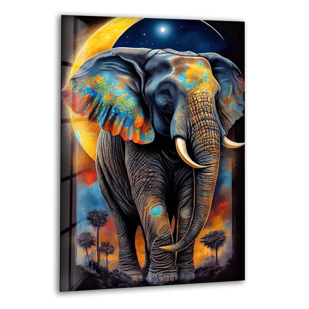 Elephant With Moon Glass Wall Art print on glass, glass printed photos