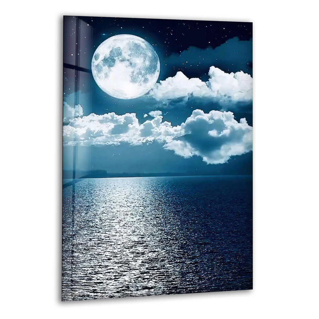 Blue Moon & Clouds Glass Wall Art print picture on glass, Tempered Glass Wall Art