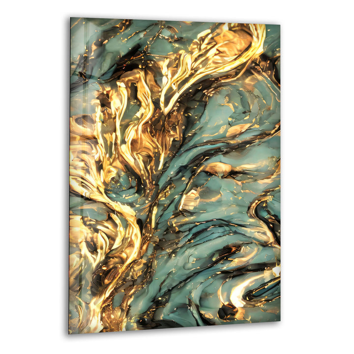 Gold and Green Abstract Glass Wall Art