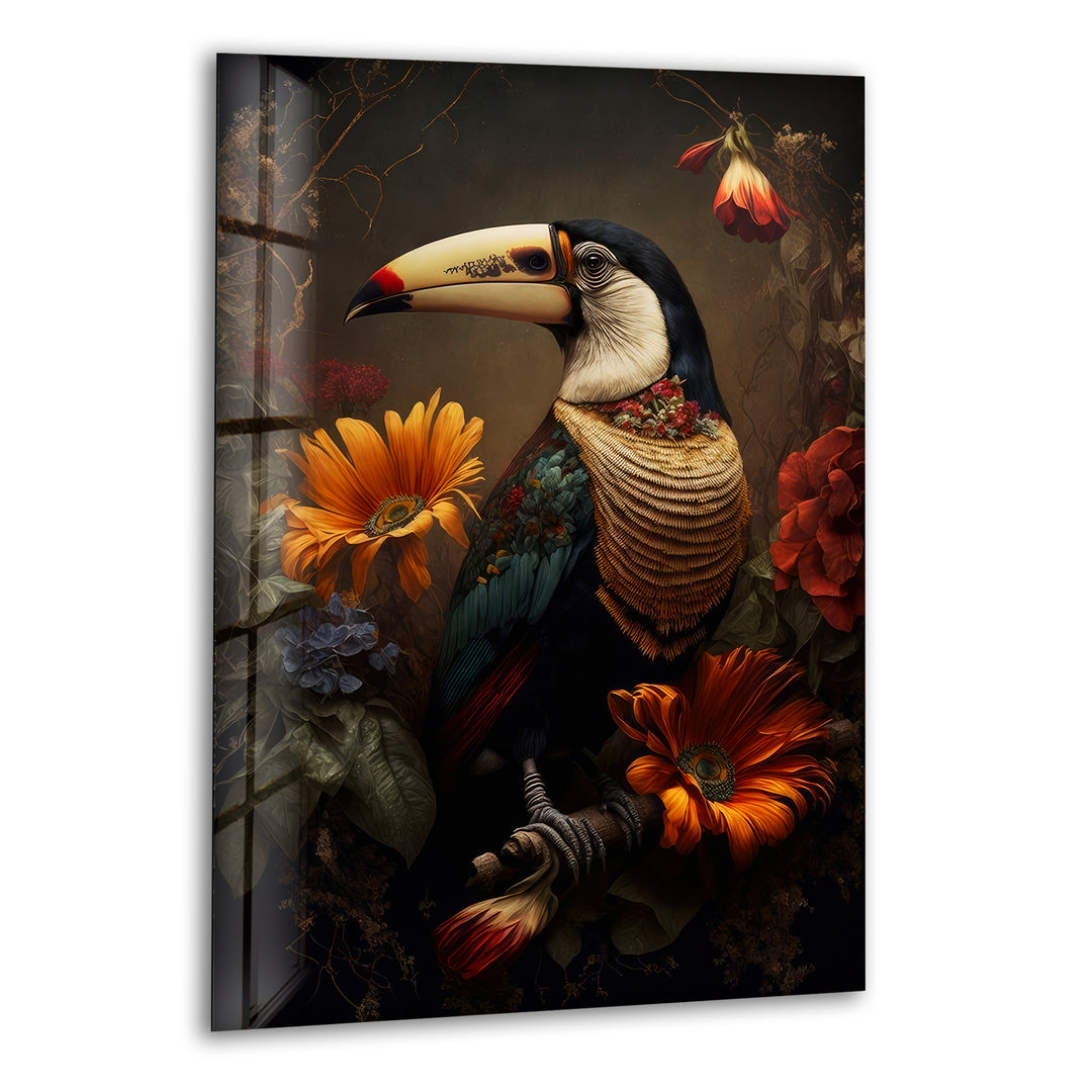 Toucan with Flowers Glass Wall Art photo print on glass, prints on glass wall art