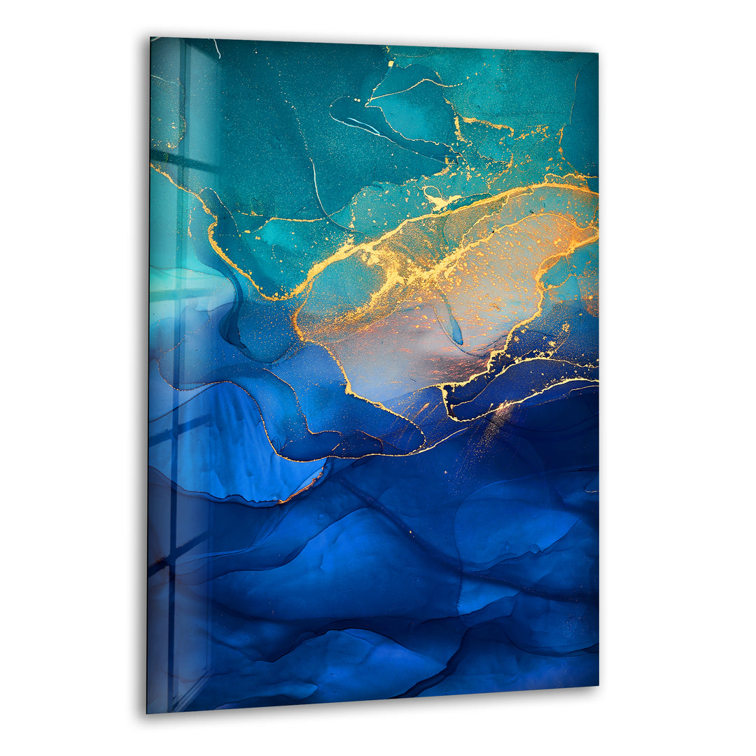 Gold and Blue Alcohol ink Glass Art Paintings